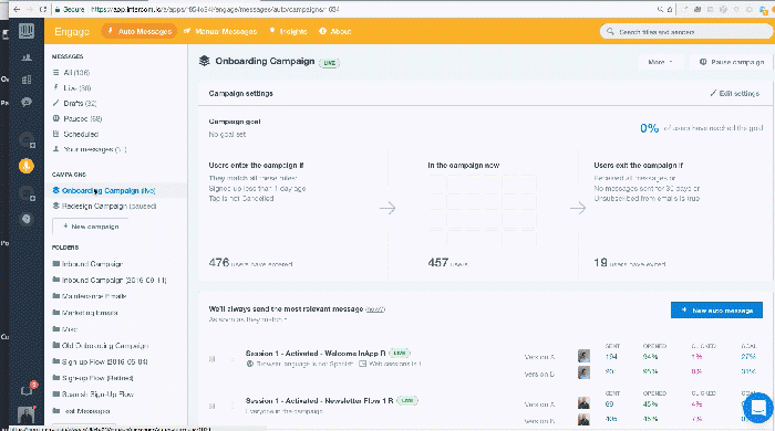 Building a new onboarding flow animated gif of Intercom tool