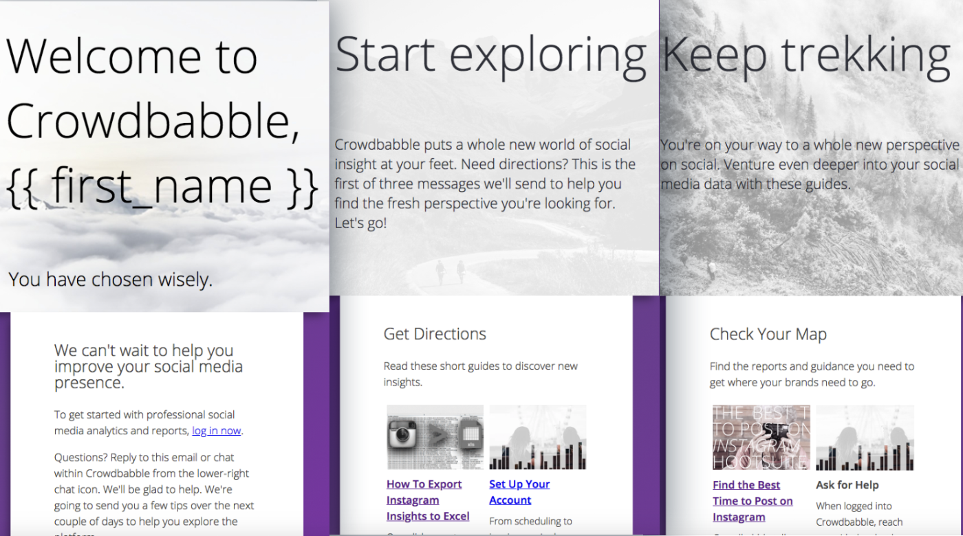 Redesigned onboarding screencap of three newsletters, getting started, keep exploring, and keep trekking